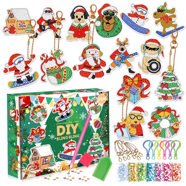 15pcs DIY Christmas Box Acrylic Diamond Painting Keychain Kits