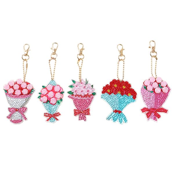 5pcs/set DIY Mosaic Diamond Painting Flower Keychain Rhinestone Keyring Pendant Kits